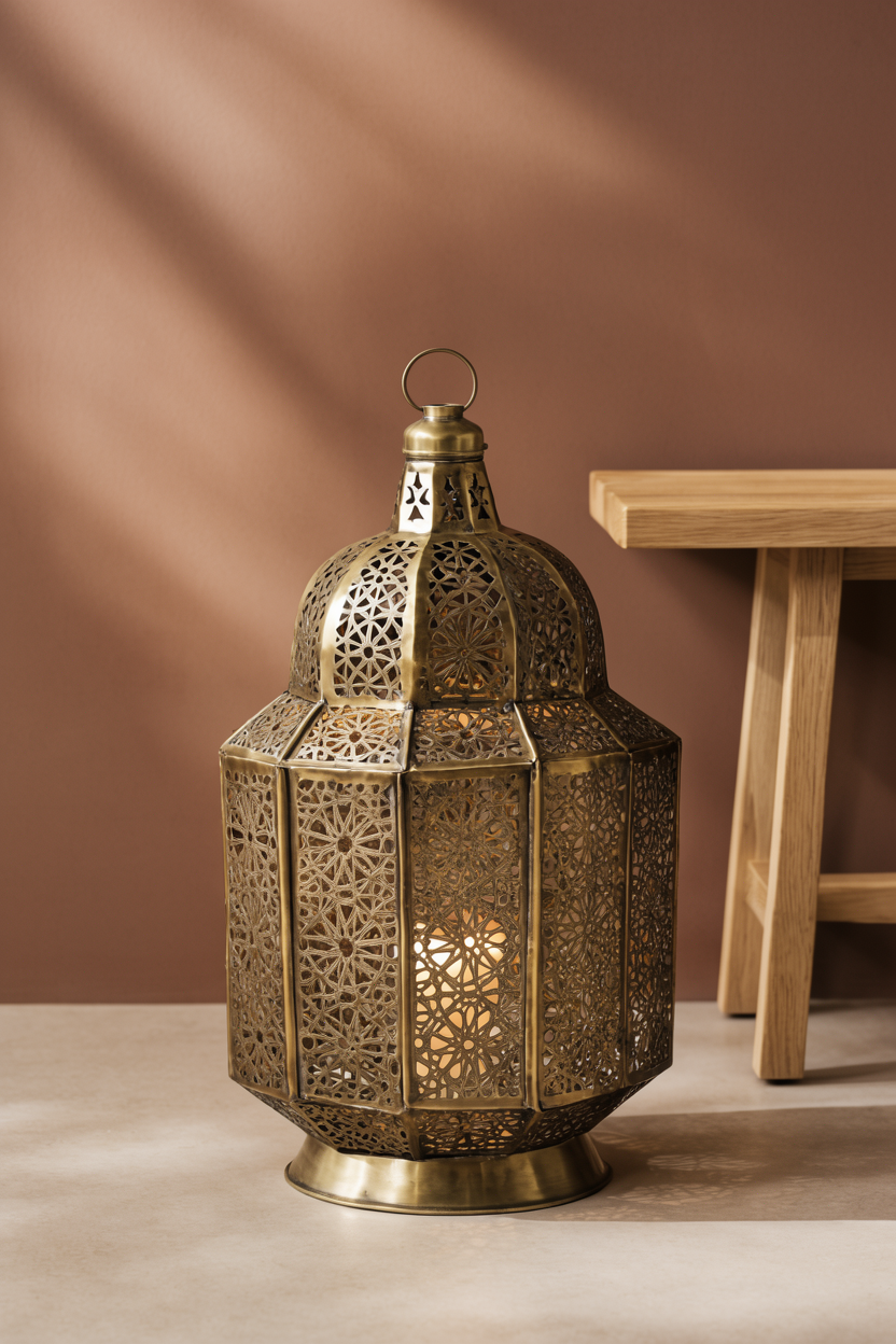 Marokkanische Lampe aus Messing – handgefertigte orientalische Beleuchtung für stilvolle Wohnräume.